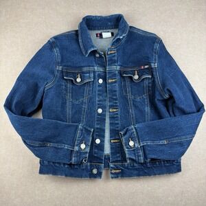 Vintage‎ Bongo Denim Jacket Women L Blue Fitted Rinse Wash Button Front Stretch